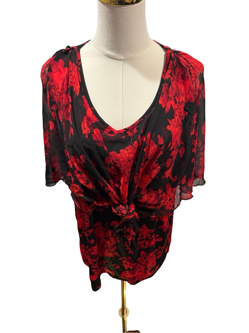 Adele and may Womens Red Floral Tie-Front Blouse